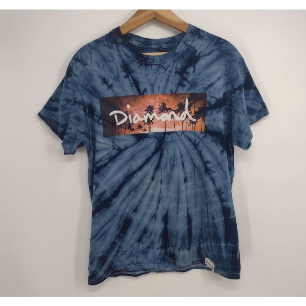 Diamond Supply Co Tie Dye Distressed Palm Trees Sunset Skate Blue T-Shirt Mens M